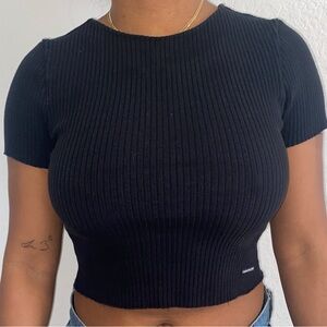 Calvin Klein Women’s Black Ribbed Knit Top – Short Sleeve, Size Small